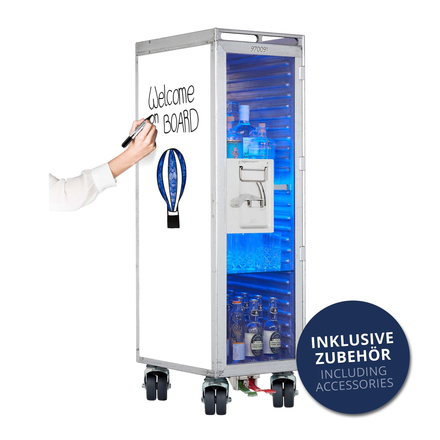 Bartrolley Whiteboard mit neuen Rollen inkl. LED-Leuchtfachboden, Barbrett & Fachboden aus Glas