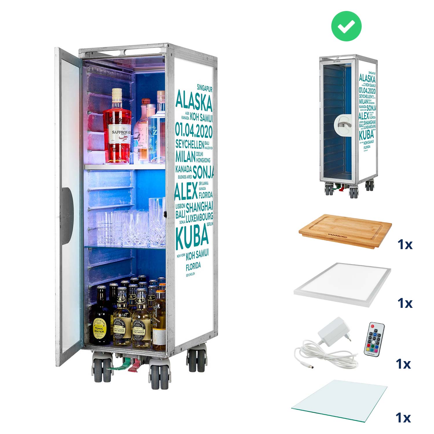 Airline Cart Bar Cities with YOUR TERMS White-Turquoise incl. LED Shelf, small Cutting Board & Glass Shelf