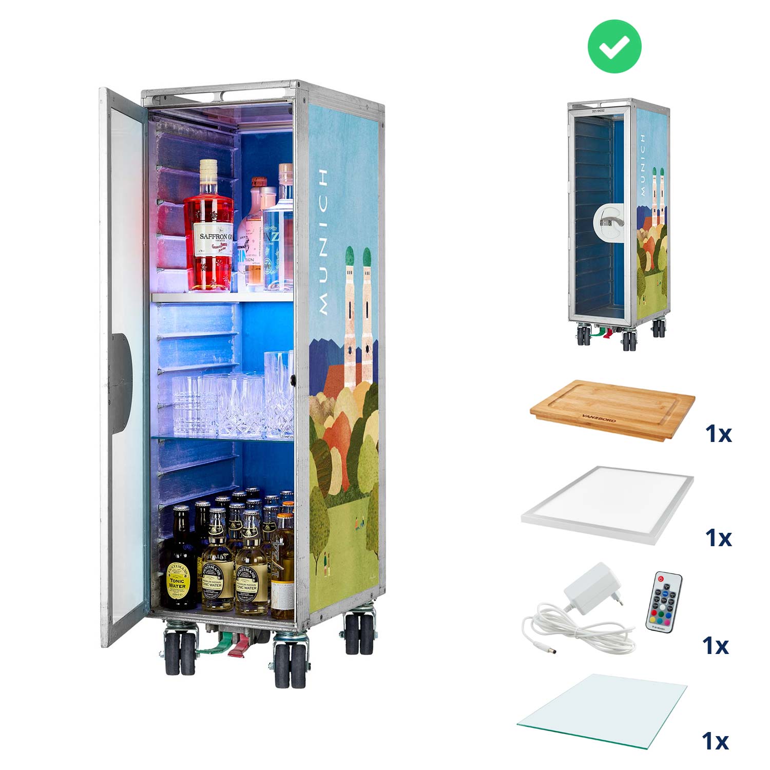 Bartrolley Henry Rivers Edition Visit Munich mit neuen Rollen inkl. LED-Leuchtfachboden, Barbrett & Fachboden aus Glas