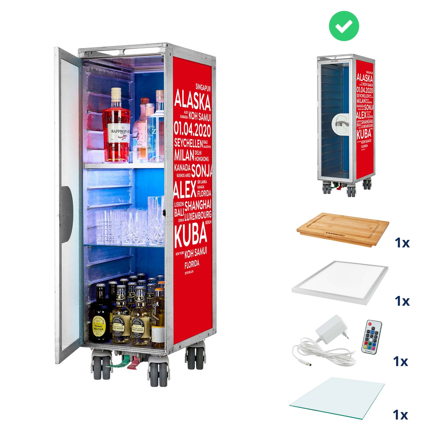 Bartrolley City mit Deinen Begriffen Rot inkl. LED-Leuchtfachboden, Barbrett & Fachboden aus Glas