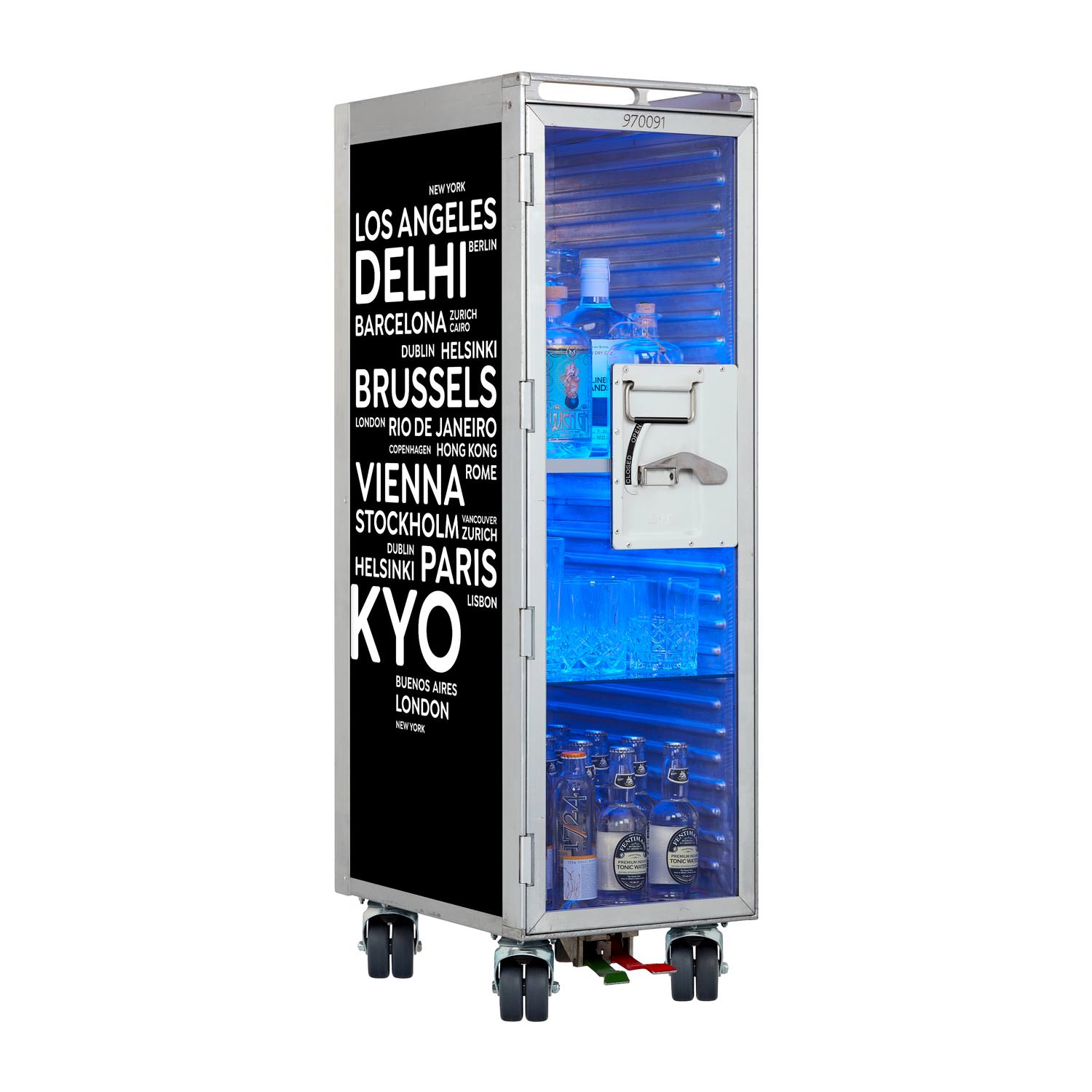Bartrolley City Schwarz mit neuen Rollen inkl. LED-Leuchtfachboden, Barbrett & Fachboden aus Glas