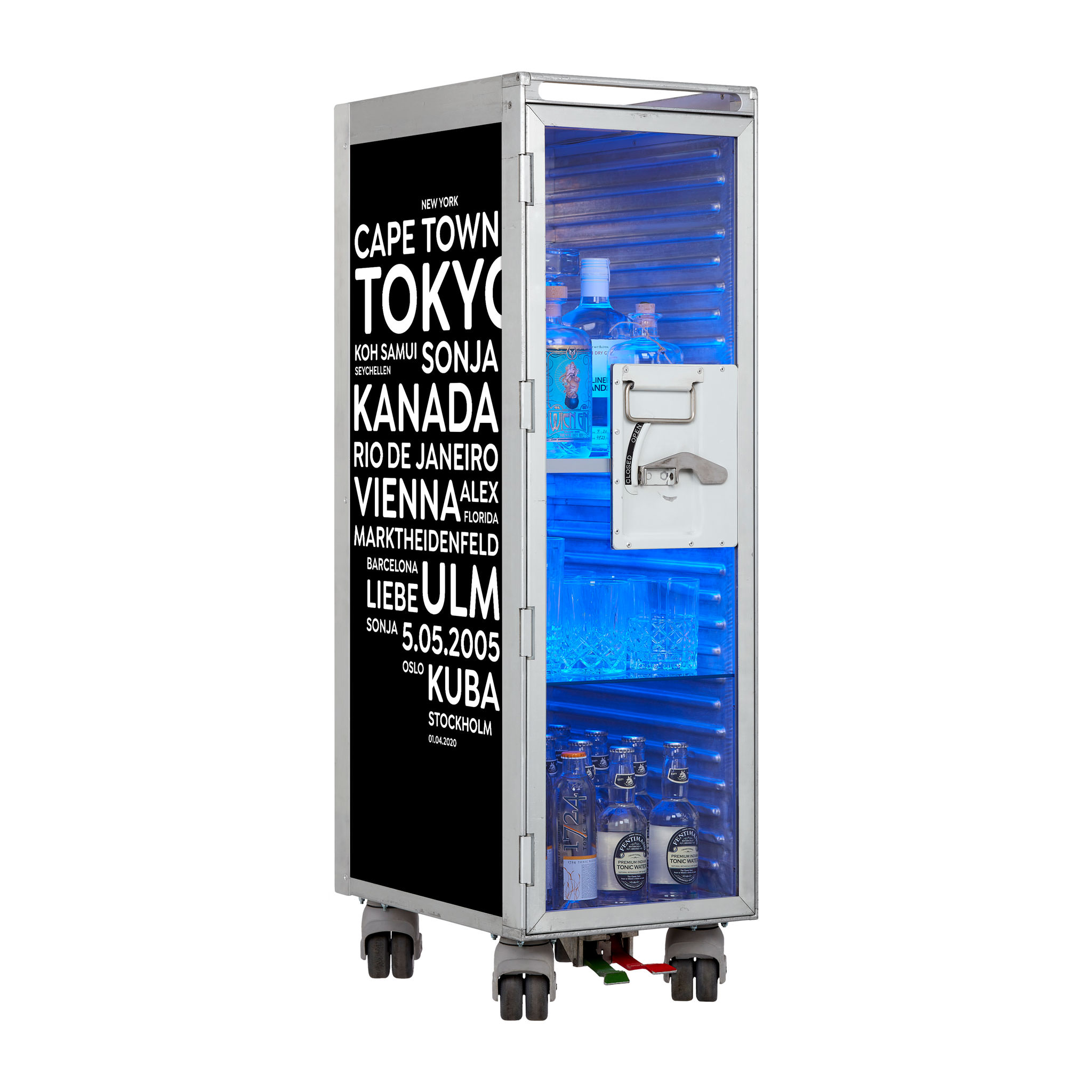 Airline Cart Bar Cities with YOUR TERMS Black incl. LED Shelf, small Cutting Board & Glass Shelf