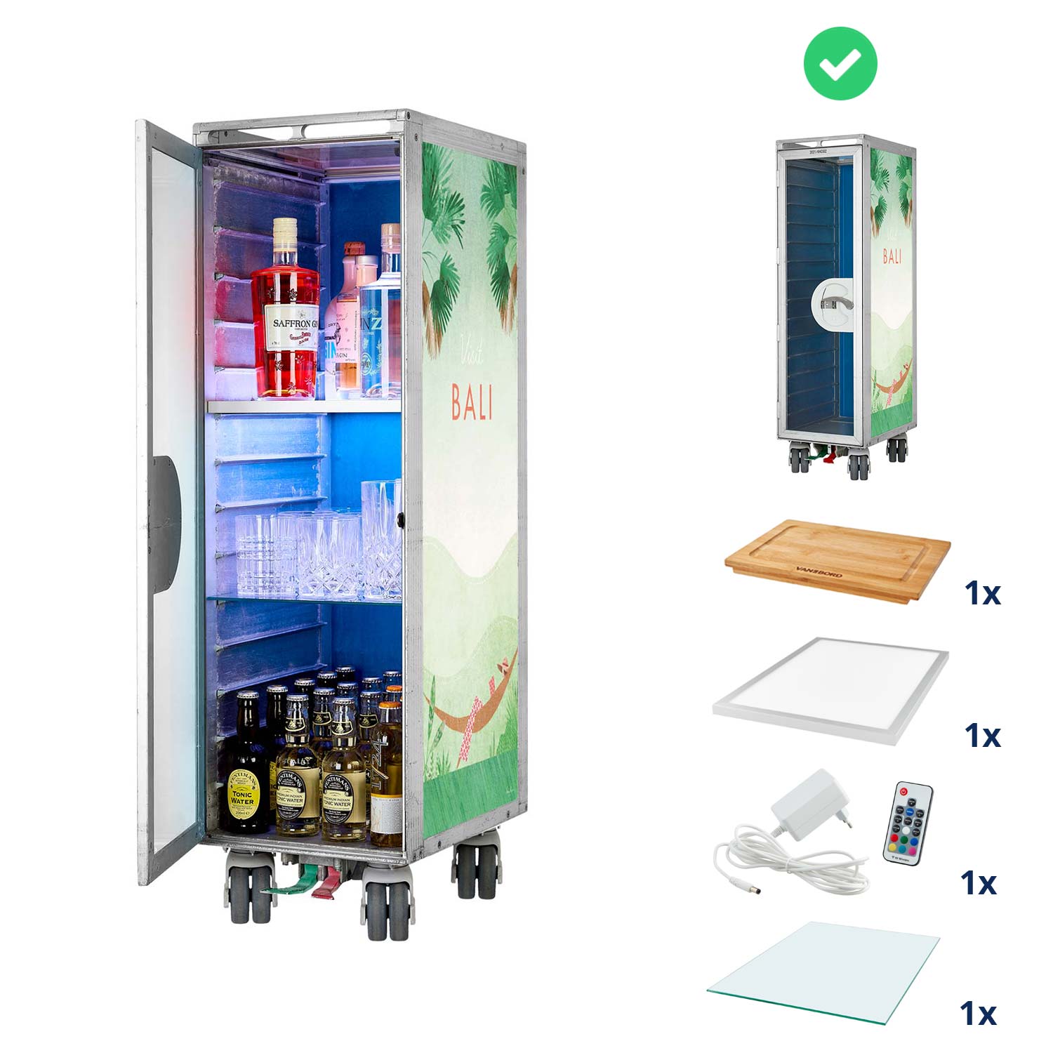 Bartrolley Henry Rivers Edition Visit Bali inkl. LED-Leuchtfachboden, Barbrett & Fachboden aus Glas