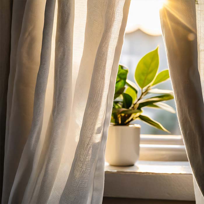 Pflanze auf einer Fensterbank, die teilweise von einem braunen Vorhang verdeckt wird