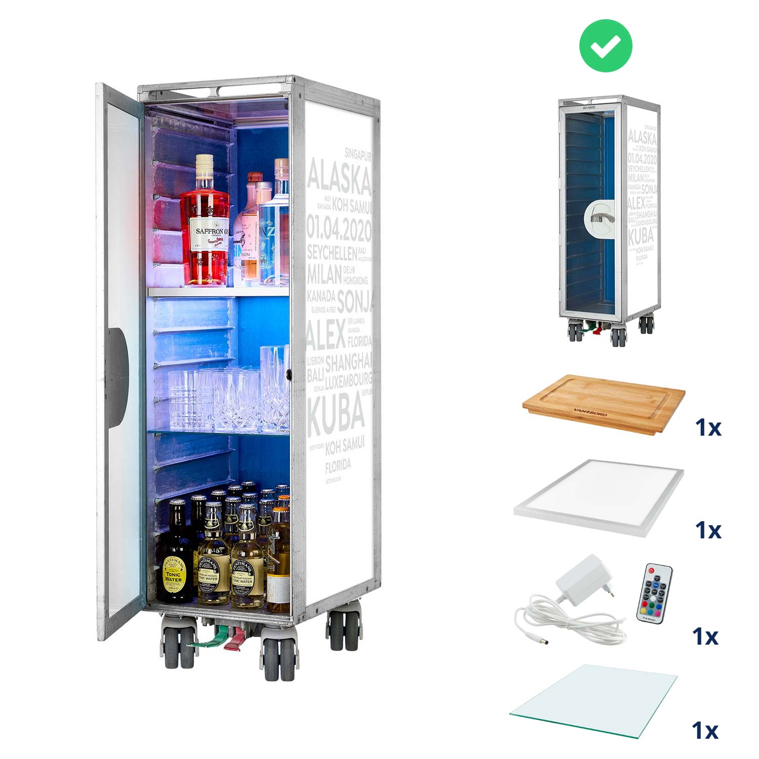Airline Cart Bar Cities with YOUR TERMS White-Airline Grey incl. LED Shelf, small Cutting Board & Glass Shelf