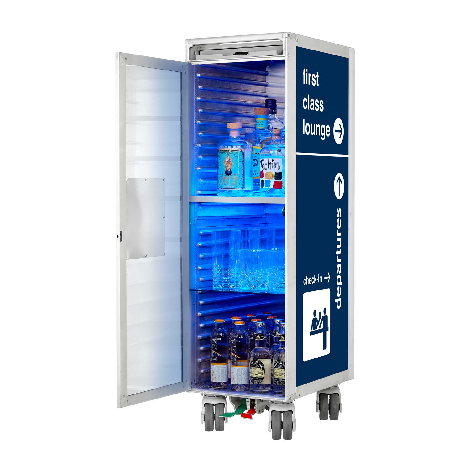 Bartrolley Bon Voyage Blau inkl. LED-Leuchtfachboden, Barbrett & Fachboden aus Glas