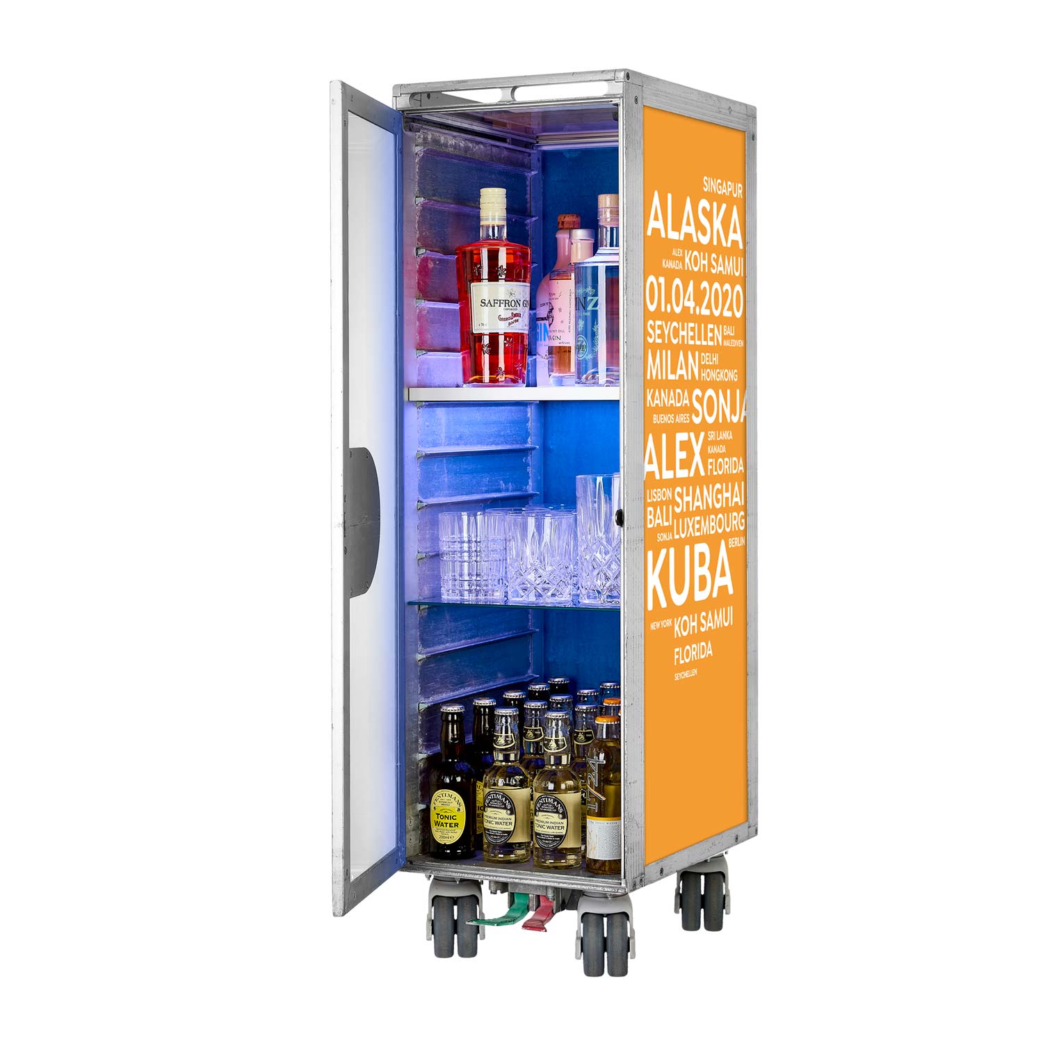 Bartrolley City mit Deinen Begriffen Orange inkl. LED-Leuchtfachboden, Barbrett & Fachboden aus Glas