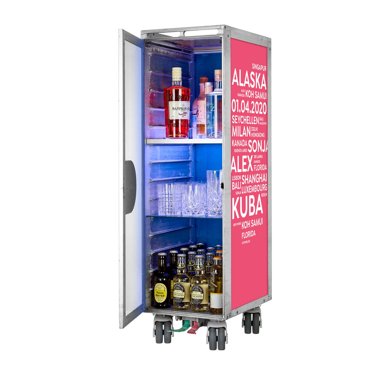Bartrolley City mit Deinen Begriffen Pink inkl. LED-Leuchtfachboden, Barbrett & Fachboden aus Glas