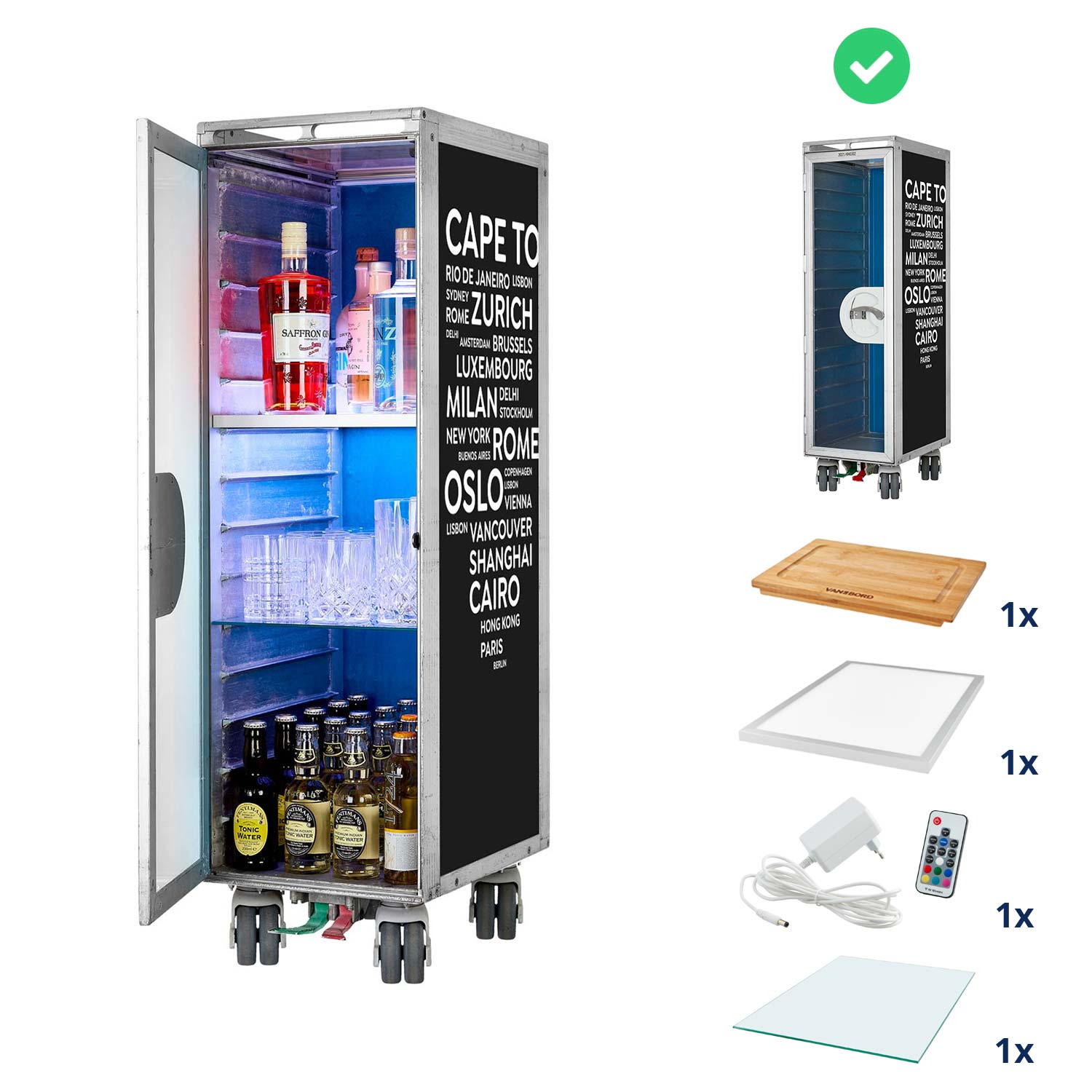 Bartrolley City Schwarz inkl. LED-Leuchtfachboden, Barbrett & Fachboden aus Glas