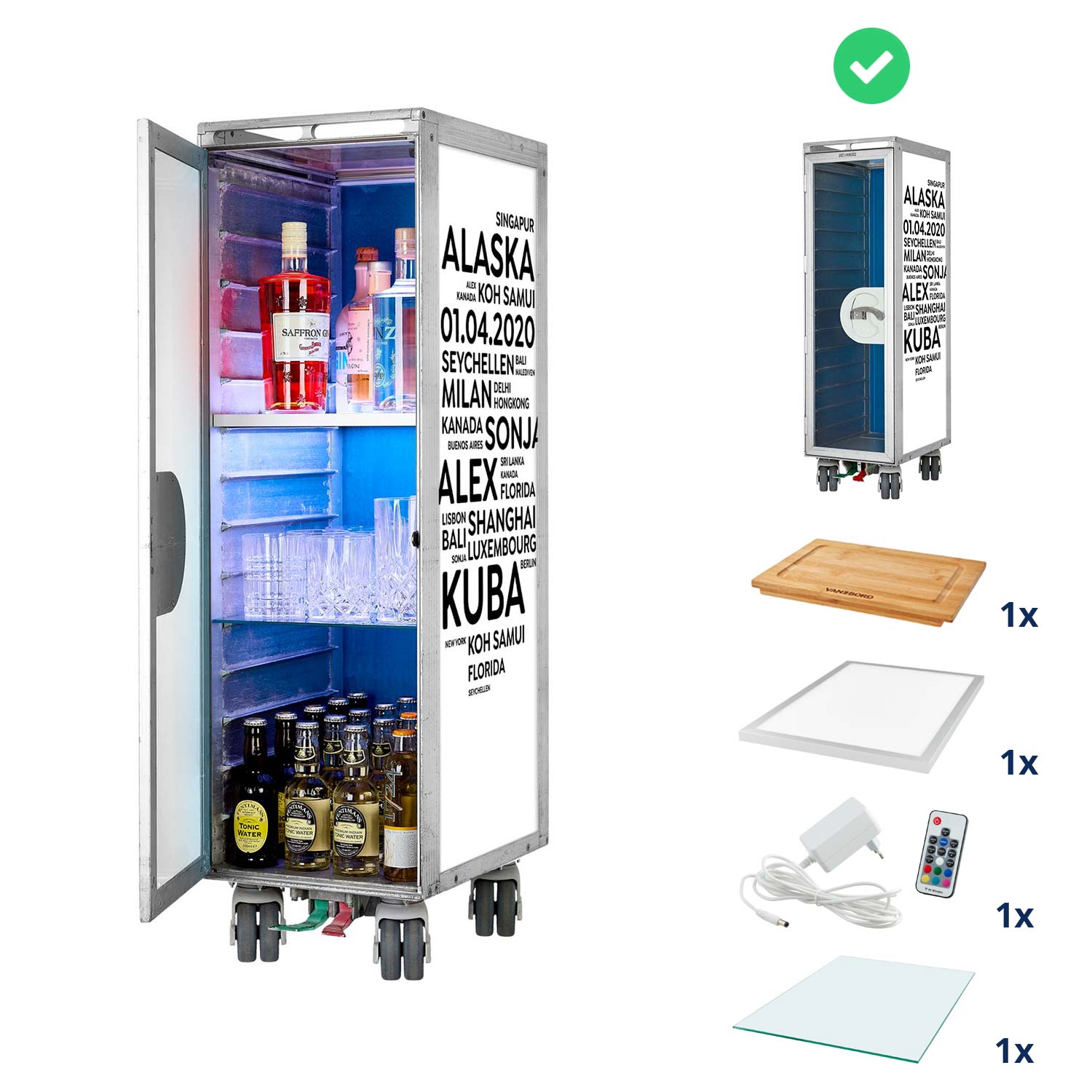 Bartrolley City mit Deinen Begriffen Weiss-Schwarz inkl. LED-Leuchtfachboden, Barbrett & Fachboden aus Glas