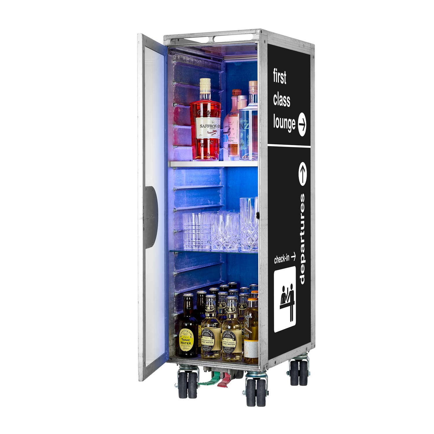 Bartrolley Bon Voyage Schwarz mit neuen Rollen inkl. LED-Leuchtfachboden, Barbrett & Fachboden aus Glas