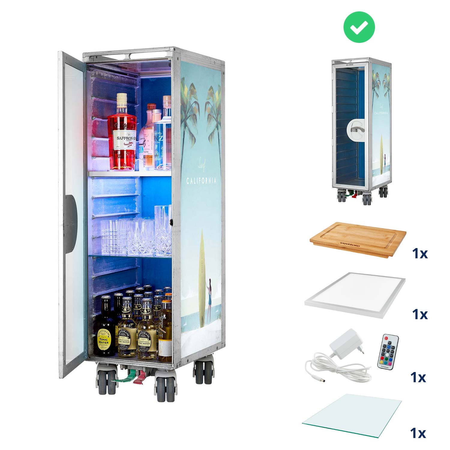 Bartrolley Henry Rivers Edition Surf California inkl. LED-Leuchtfachboden, Barbrett & Fachboden aus Glas