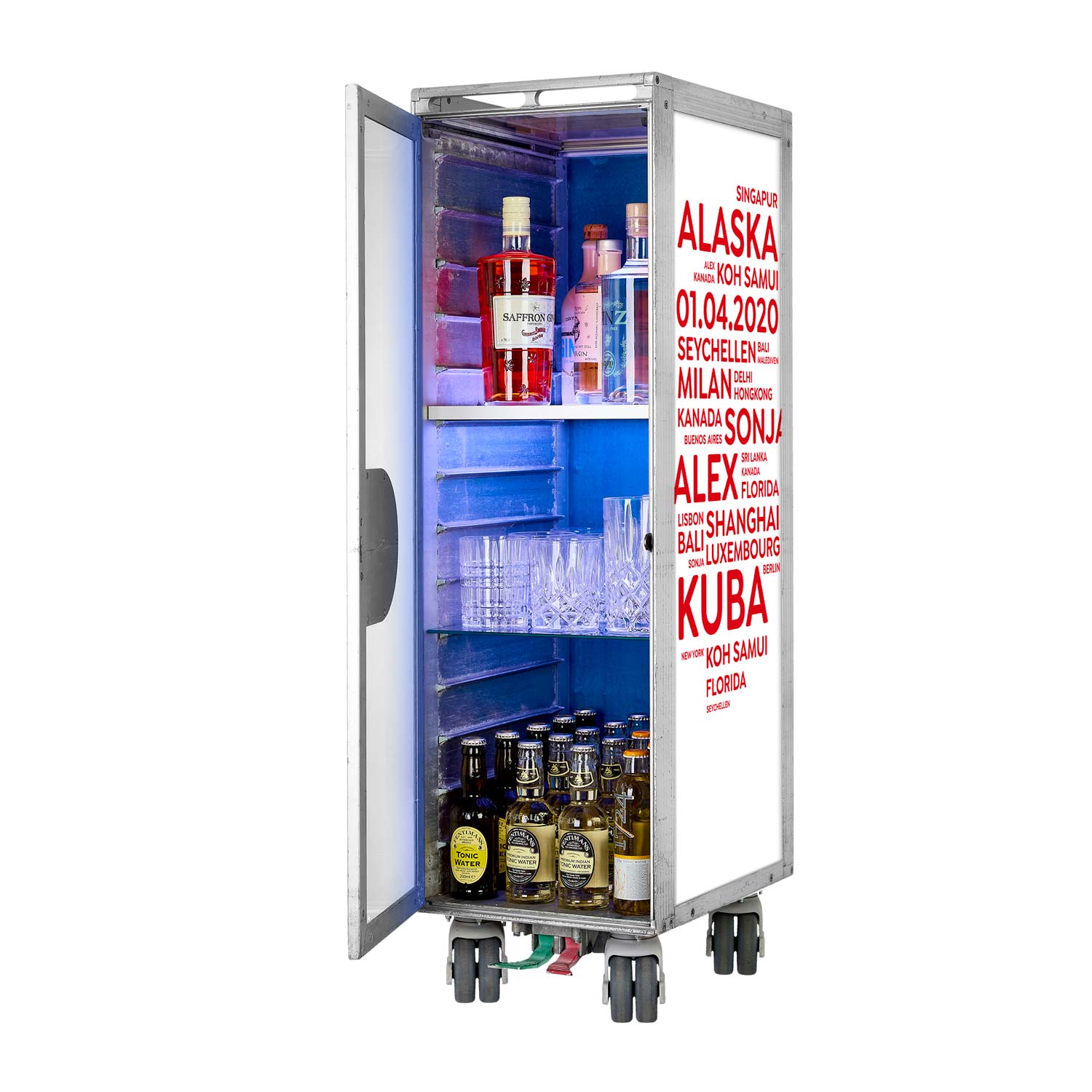 Airline Cart Bar Cities with YOUR TERMS White-Red incl. LED Shelf, small Cutting Board & Glass Shelf