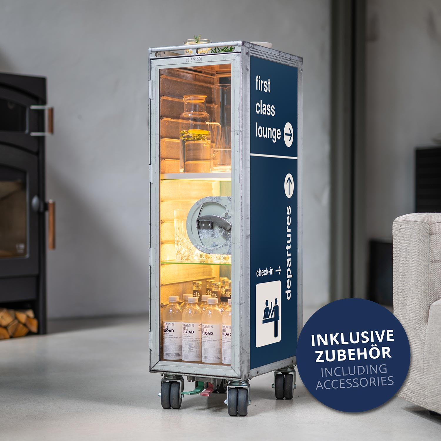 Bartrolley Bon Voyage Blau inkl. LED-Leuchtfachboden, Barbrett & Fachboden aus Glas
