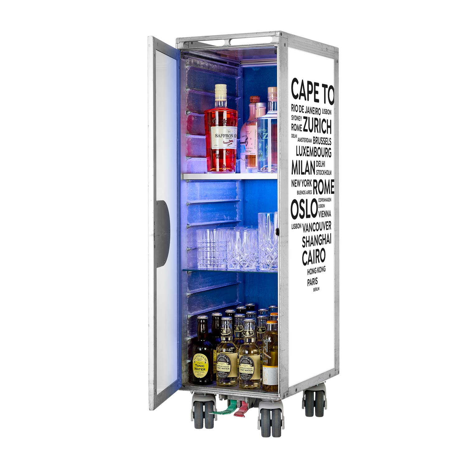 Bartrolley City Weiss inkl. LED-Leuchtfachboden, Barbrett & Fachboden aus Glas