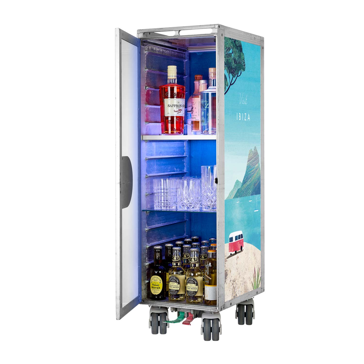 Airline Cart Bar Henry Rivers Edition Visit Ibiza incl. LED Shelf, small Cutting Board & Glass Shelf