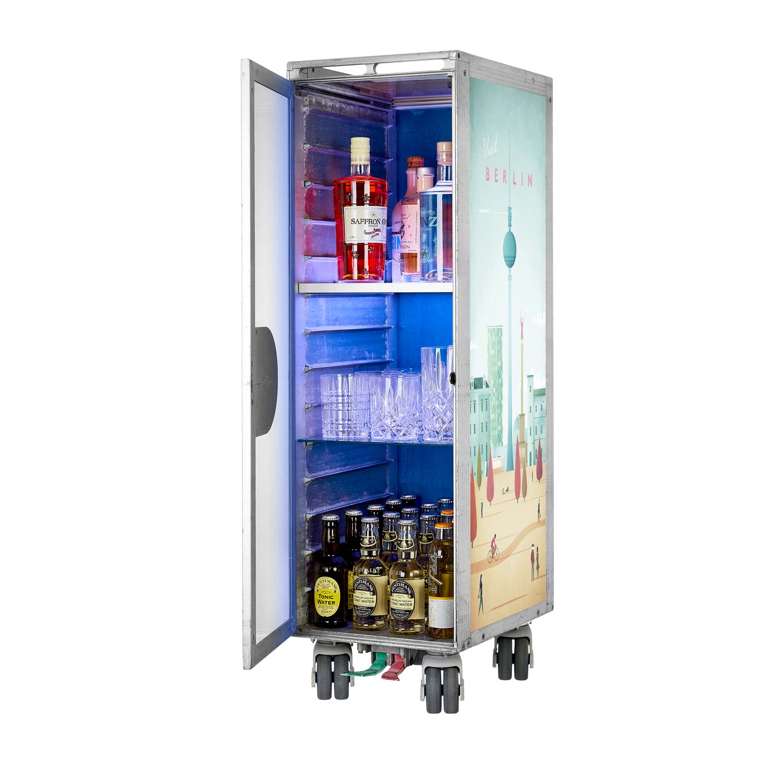 Airline Cart Bar Henry Rivers Edition Visit Berlin incl. LED Shelf, small Cutting Board & Glass Shelf
