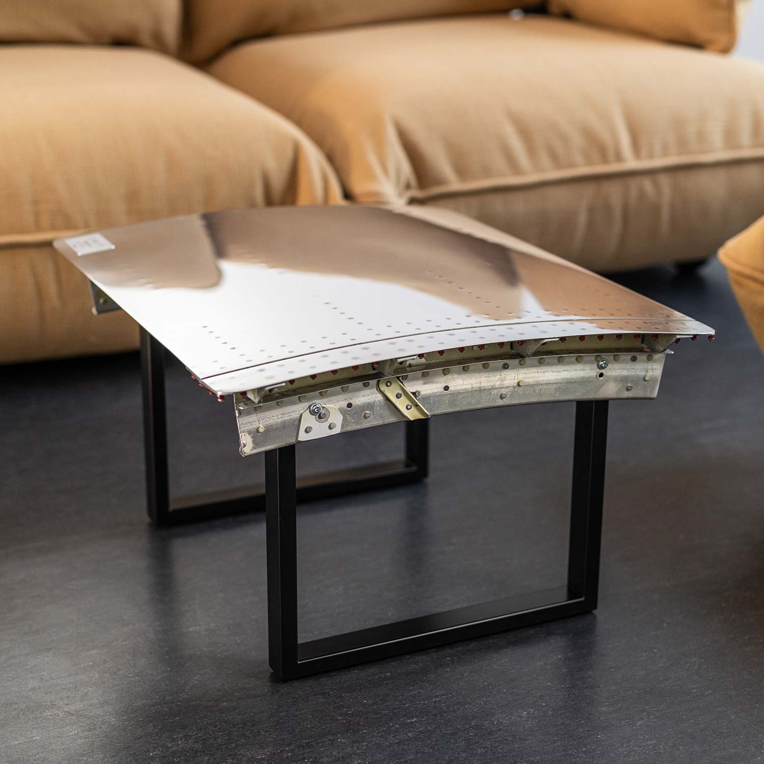 Side Table from Aircraft Parts, High-Gloss Polished, Frame: Black RAL 9011, approx. 62 x 59 cm