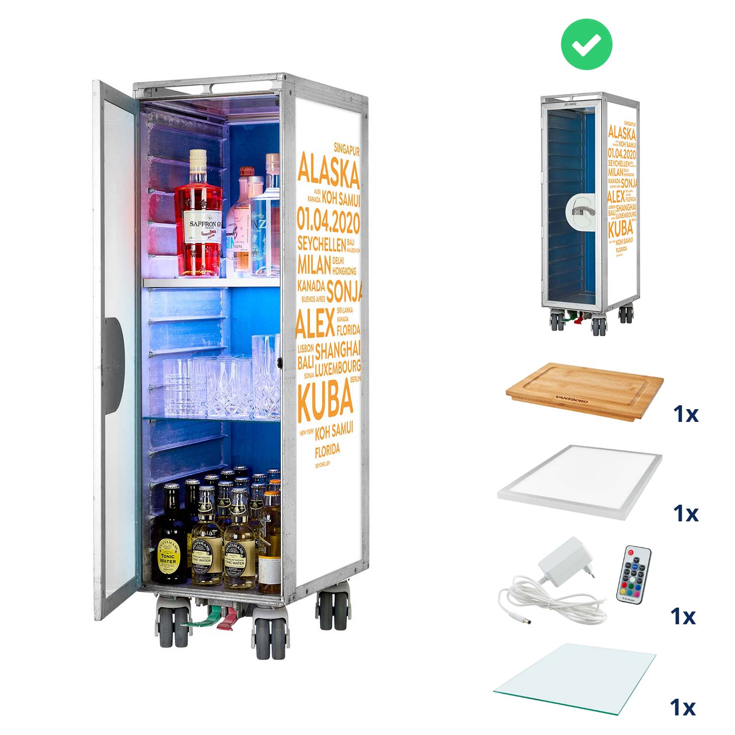Bartrolley City mit Deinen Begriffen Weiss-Orange inkl. LED-Leuchtfachboden, Barbrett & Fachboden aus Glas