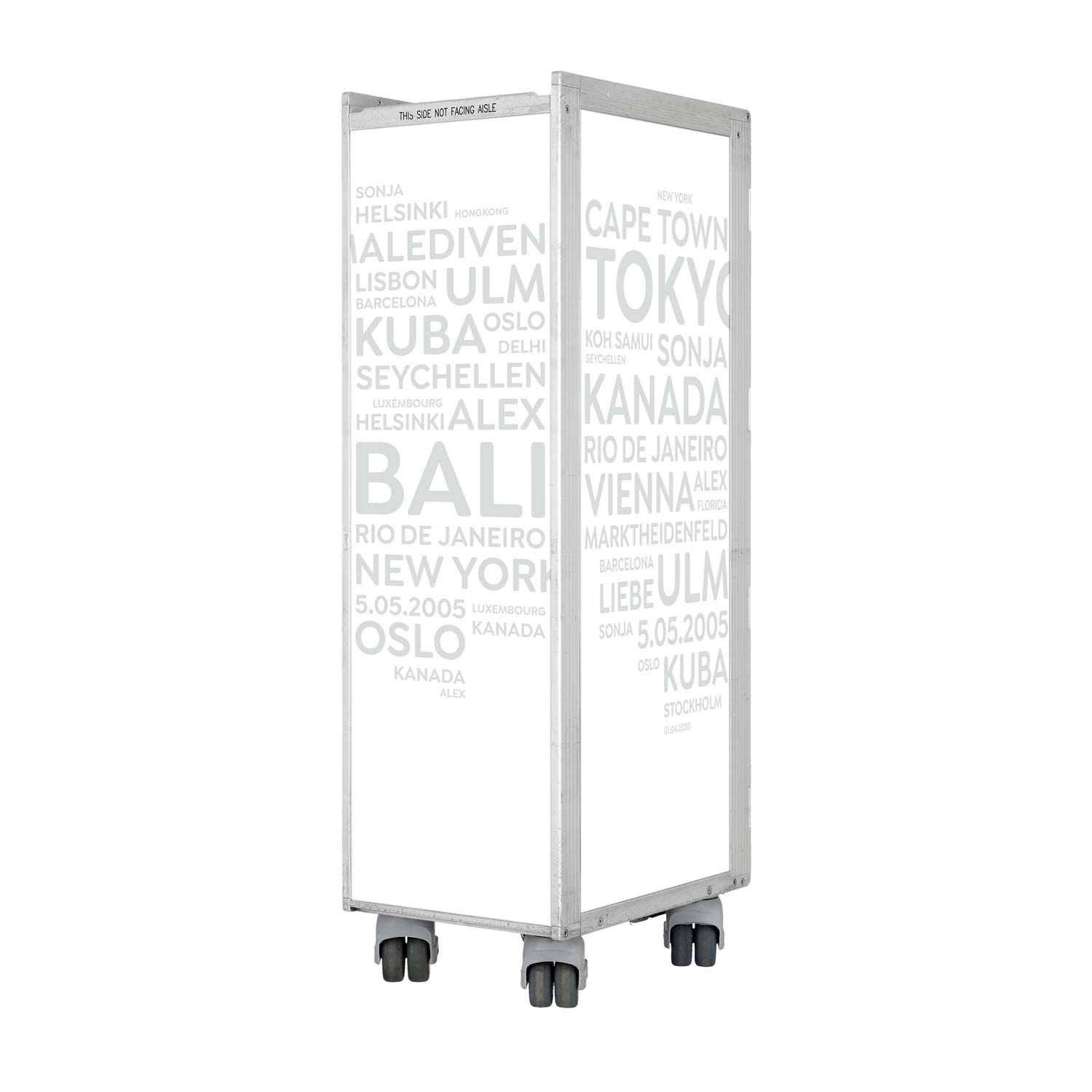 Airline Cart Bar Cities with YOUR TERMS White-Airline Grey incl. LED Shelf, small Cutting Board & Glass Shelf
