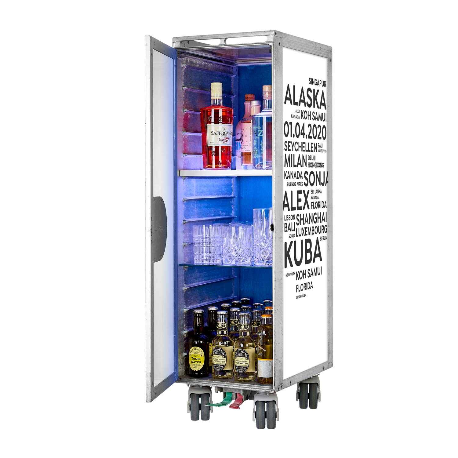 Airline Cart Bar Cities with YOUR TERMS White-Anthracite incl. LED Shelf, small Cutting Board & Glass Shelf