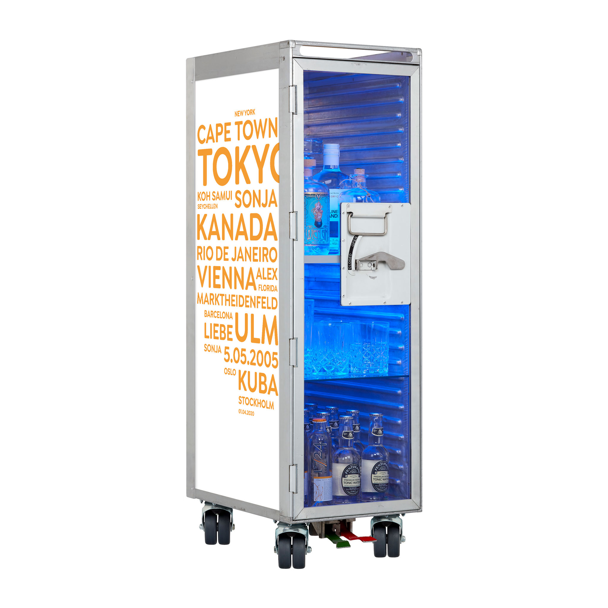 Airline Cart Bar Cities with YOUR TERMS White-Orange with new Castors incl. LED Shelf, small Cutting Board & Glass Shelf