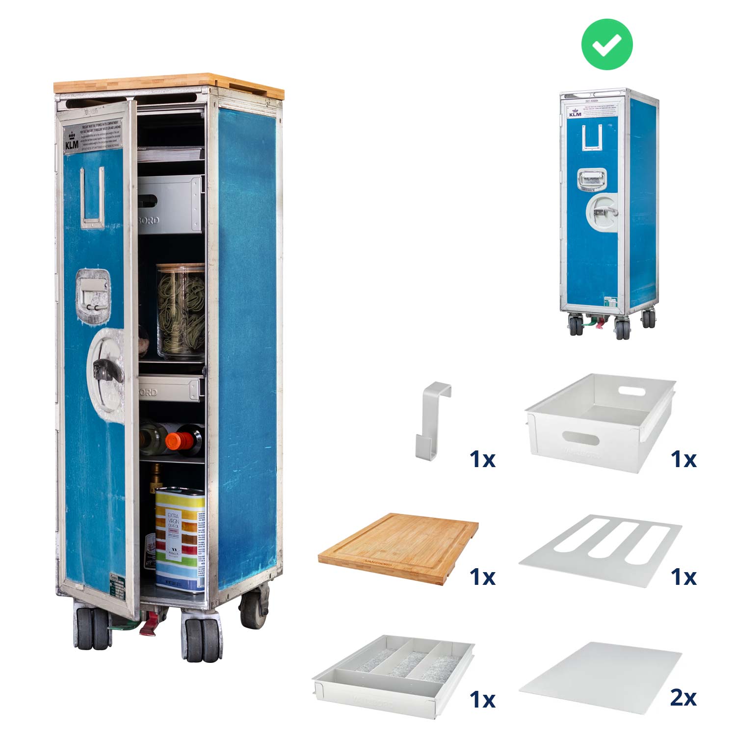 Original KLM Flugzeugtrolley, gebraucht, gereinigt & geprüft, inkl. Ausstattungspaket Küche & Grillen
