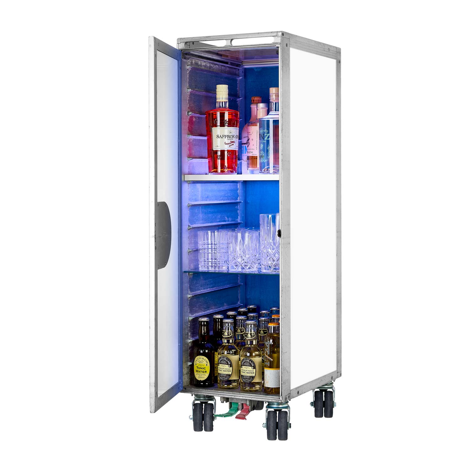 Bartrolley Whiteboard mit neuen Rollen inkl. LED-Leuchtfachboden, Barbrett & Fachboden aus Glas