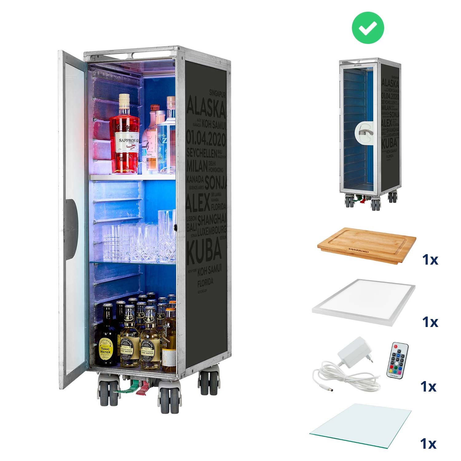 Bartrolley City mit Deinen Begriffen Anthrazit inkl. LED-Leuchtfachboden, Barbrett & Fachboden aus Glas