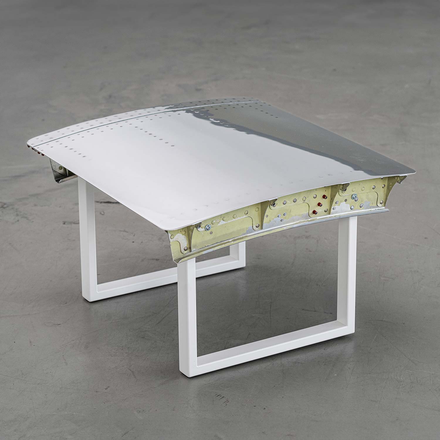 Side Table from Aircraft Parts, High-Gloss Polished, Frame: White RAL 9010, approx. 62 x 59 cm