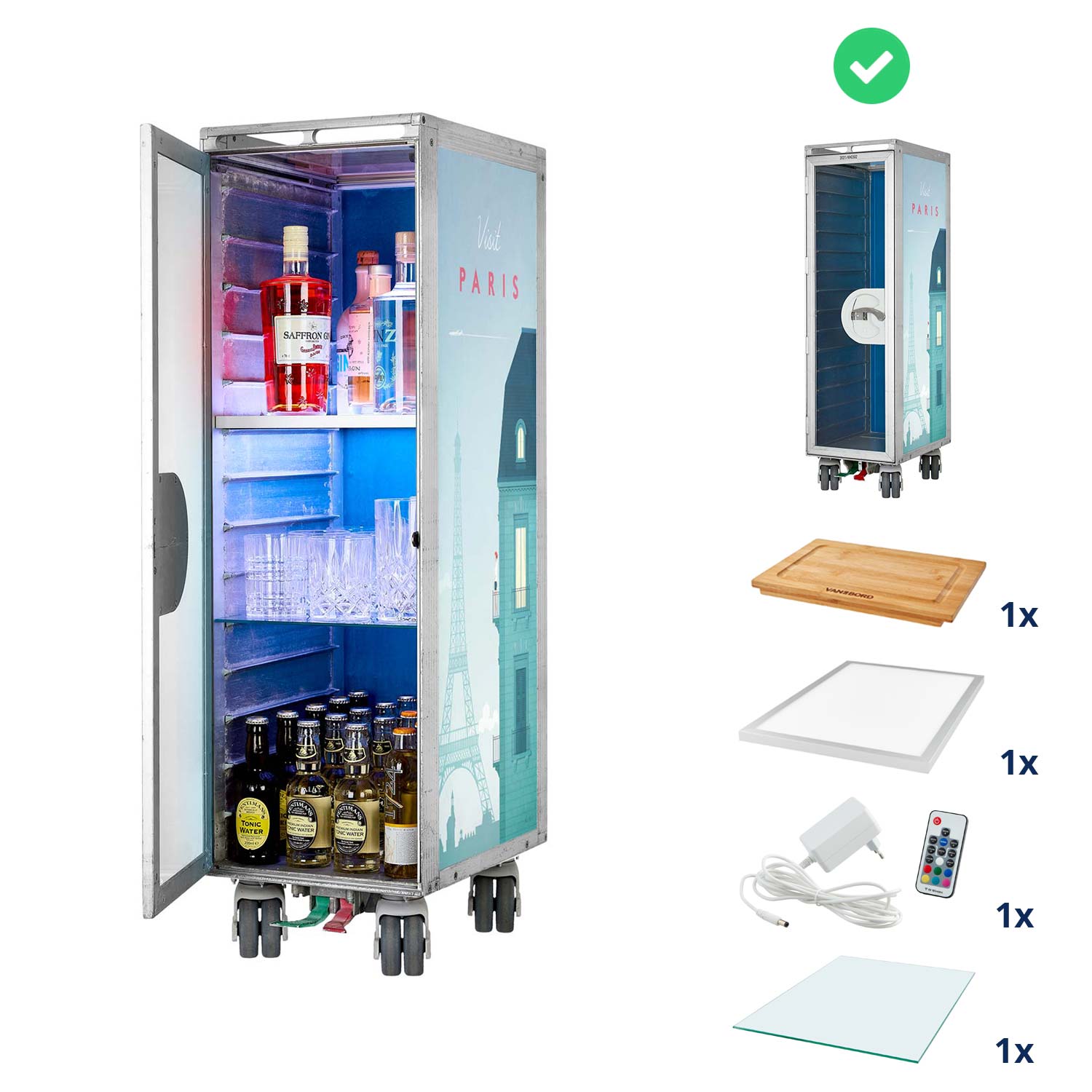 Airline Cart Bar Henry Rivers Edition Visit Paris incl. LED Shelf, small Cutting Board & Glass Shelf