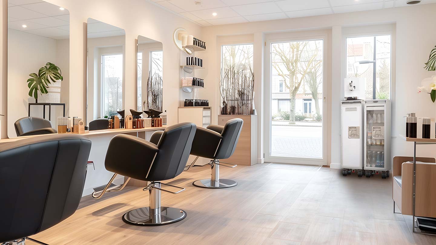 Moderne Friseursalon Einrichtungsideen mit hellen, minimalistischen Elementen und stilvollen Flugzeugtrolleys als praktische Aufbewahrungslösung