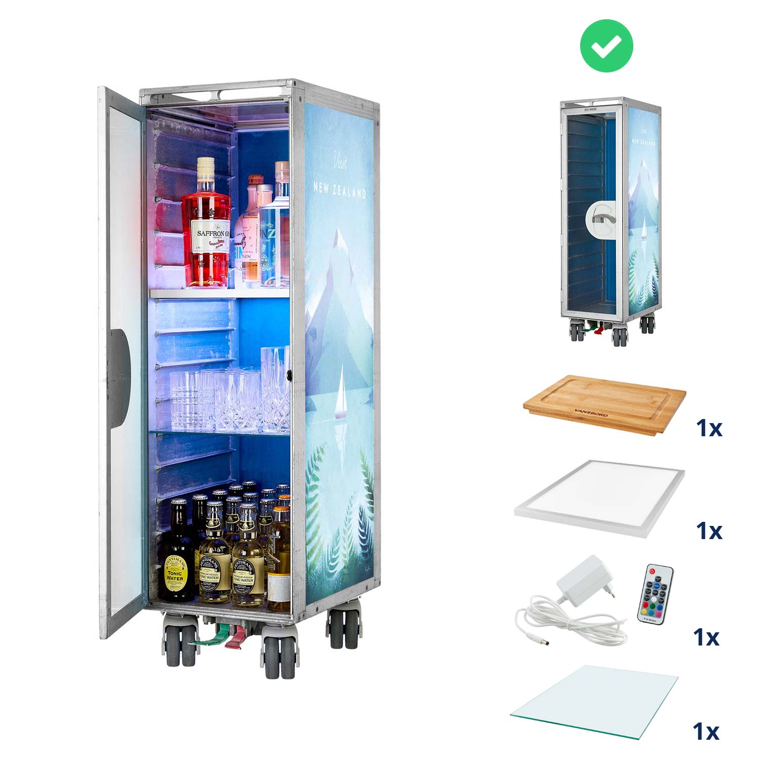 Airline Cart Bar Henry Rivers Edition Visit New Zealand incl. LED Shelf, small Cutting Board & Glass Shelf
