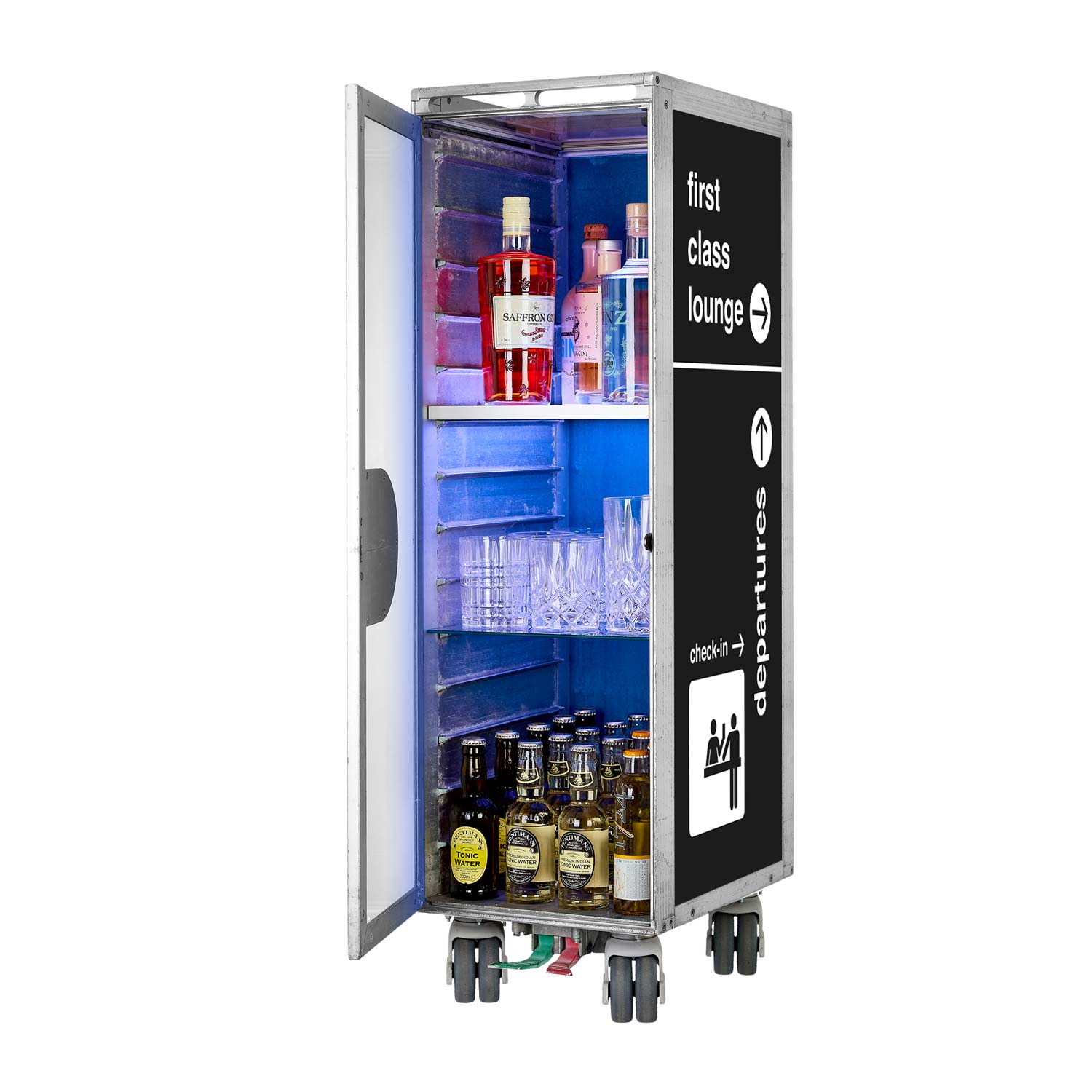 Airline Cart Bar Bon Voyage Black incl. LED Shelf, small Cutting Board & Glass Shelf