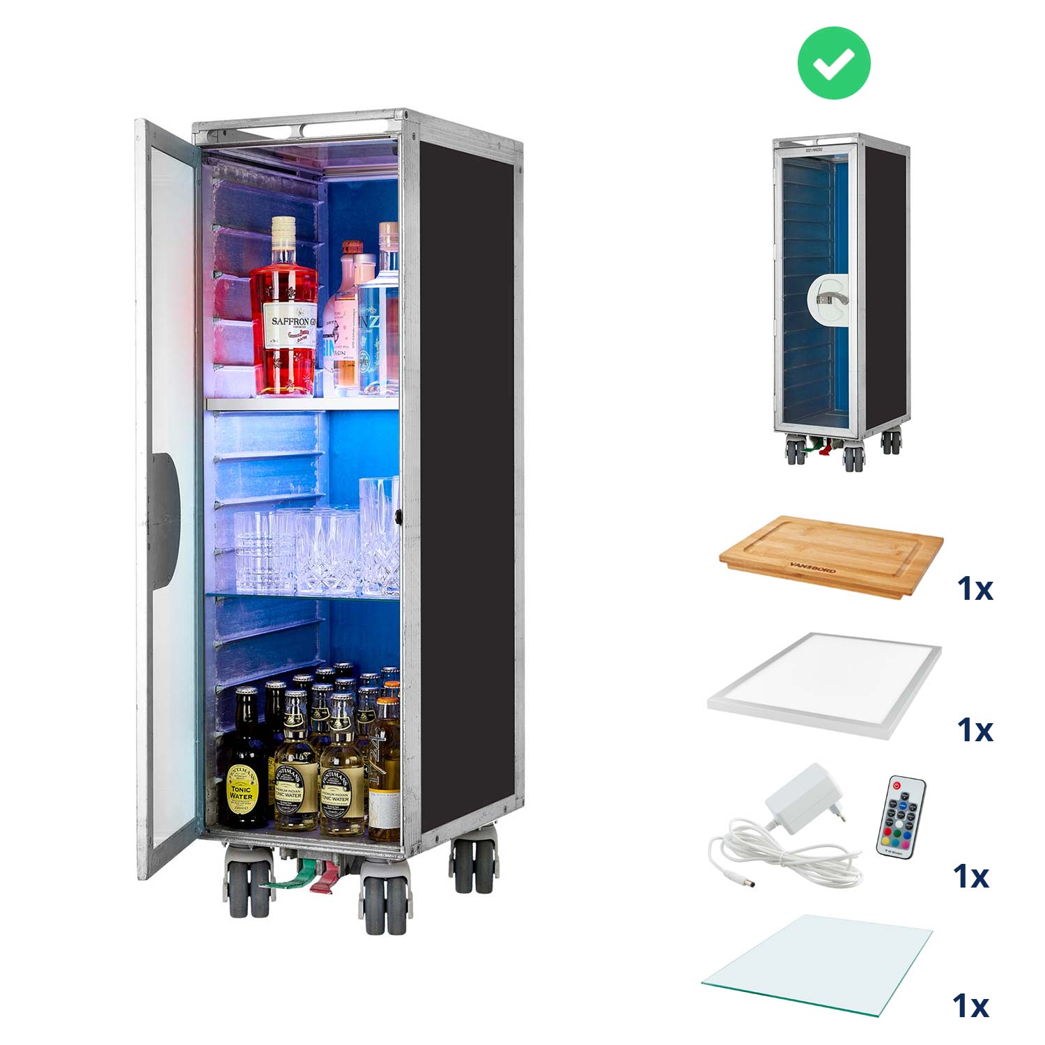 Bartrolley Uni Schwarz inkl. LED-Leuchtfachboden, Barbrett & Fachboden aus Glas