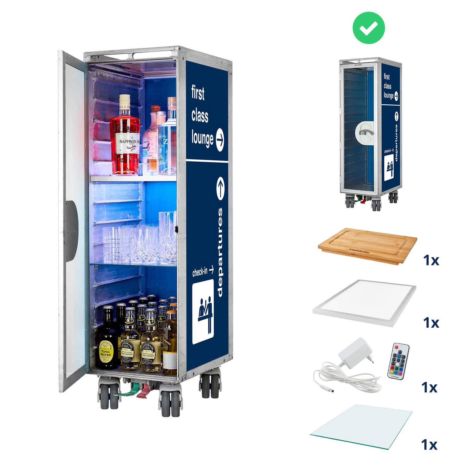 Bartrolley Bon Voyage Blau inkl. LED-Leuchtfachboden, Barbrett & Fachboden aus Glas