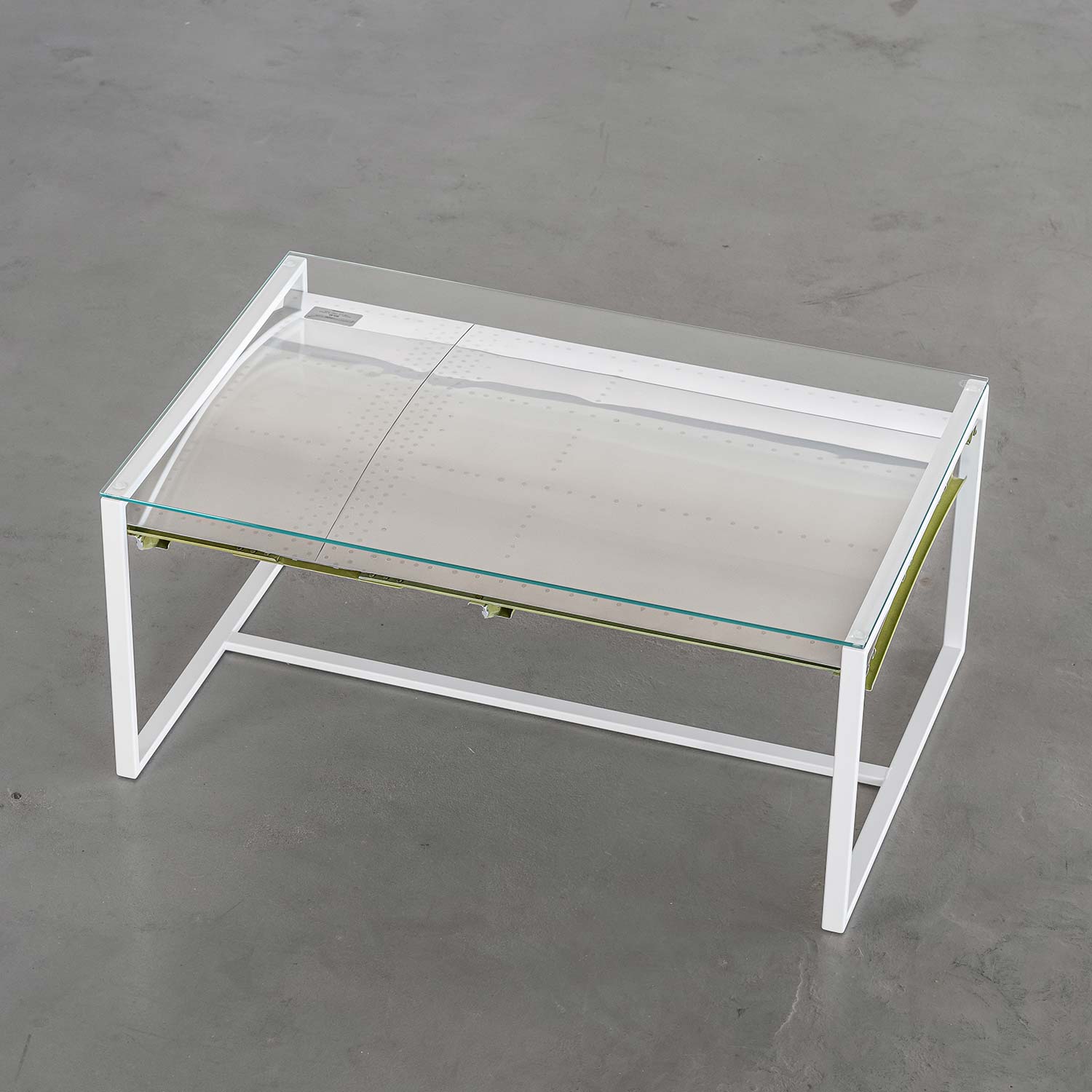 Coffee Table from Aircraft Parts with Glass Top McDonnell Douglas MD-80, High-Gloss Polished, Frame: White, approx. 102,5  x 54 cm