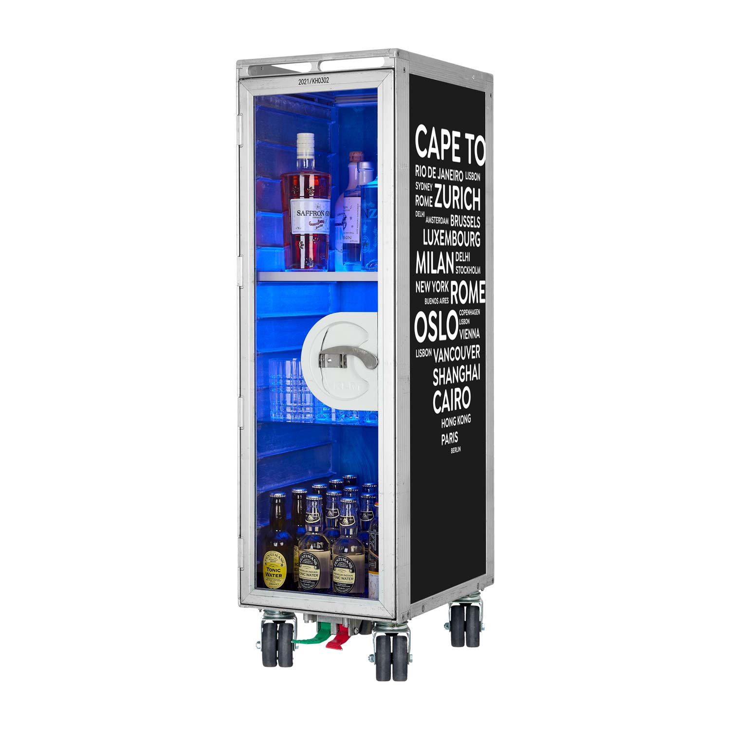Bartrolley City Schwarz mit neuen Rollen inkl. LED-Leuchtfachboden, Barbrett & Fachboden aus Glas