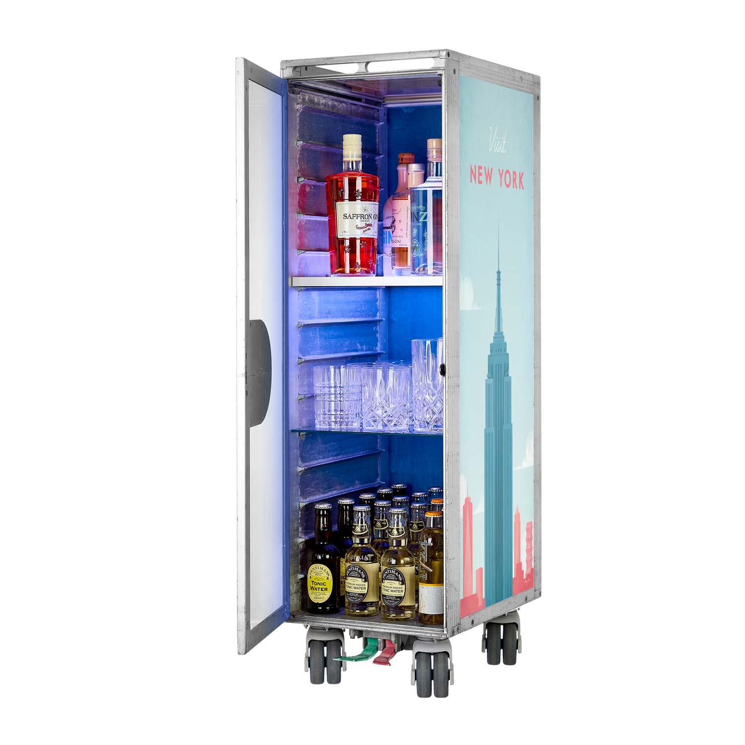 Airline Cart Bar Henry Rivers Edition Visit New York incl. LED Shelf, small Cutting Board & Glass Shelf