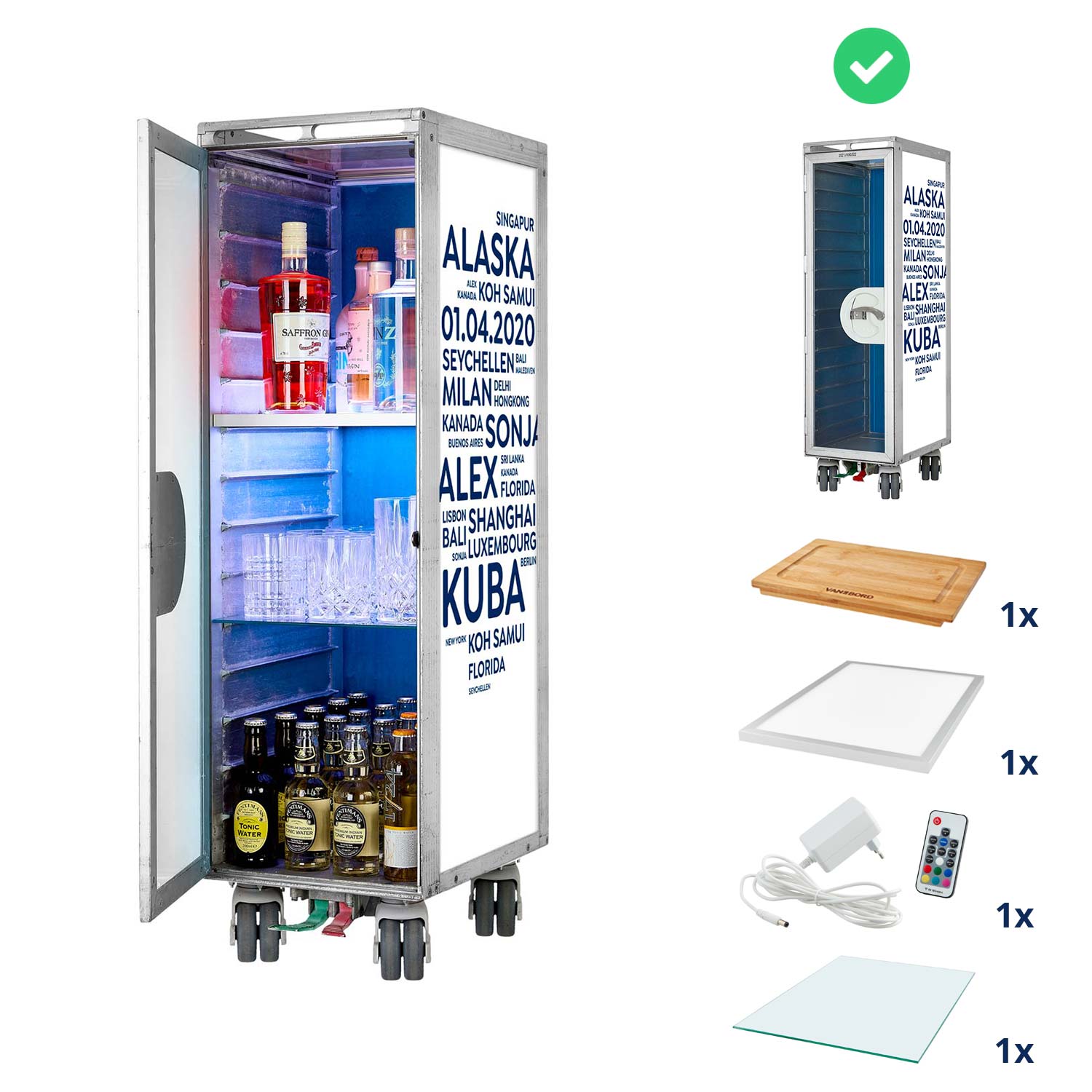Airline Cart Bar Cities with YOUR TERMS White-Blue incl. LED Shelf, small Cutting Board & Glass Shelf