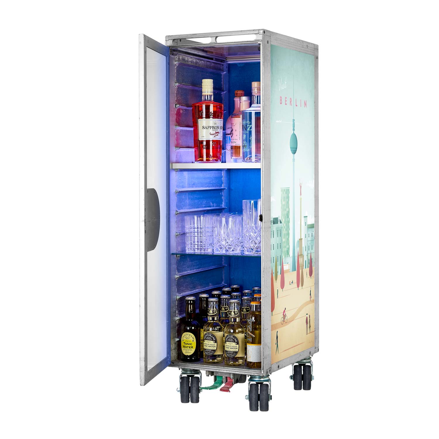 Bartrolley Henry Rivers Edition Visit Berlin mit neuen Rollen inkl. LED-Leuchtfachboden, Barbrett & Fachboden aus Glas