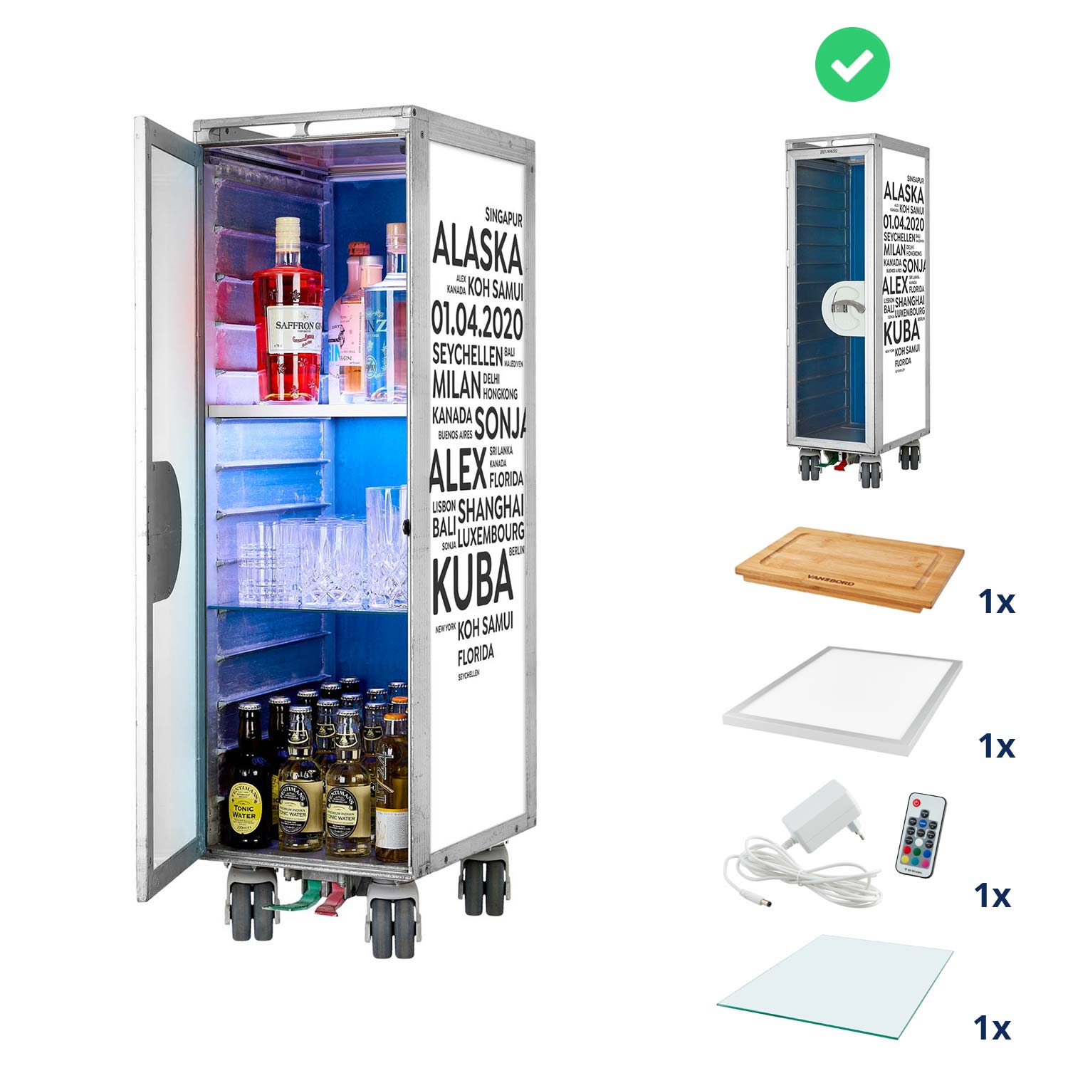 Airline Cart Bar Cities with YOUR TERMS White-Anthracite incl. LED Shelf, small Cutting Board & Glass Shelf