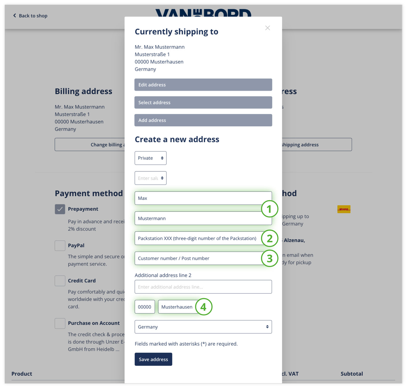 Enter delivery address correctly for DHL Packstation