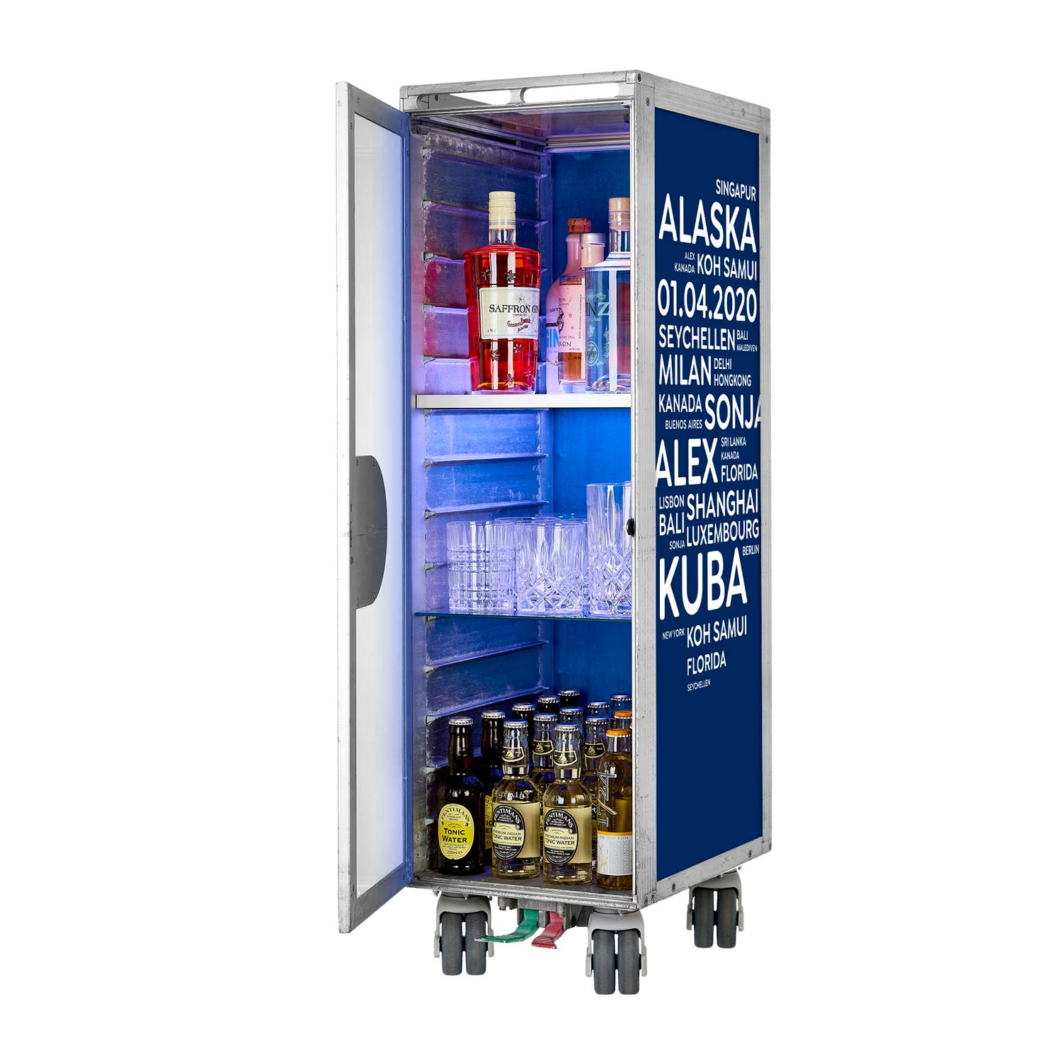Bartrolley City mit Deinen Begriffen Blau inkl. LED-Leuchtfachboden, Barbrett & Fachboden aus Glas