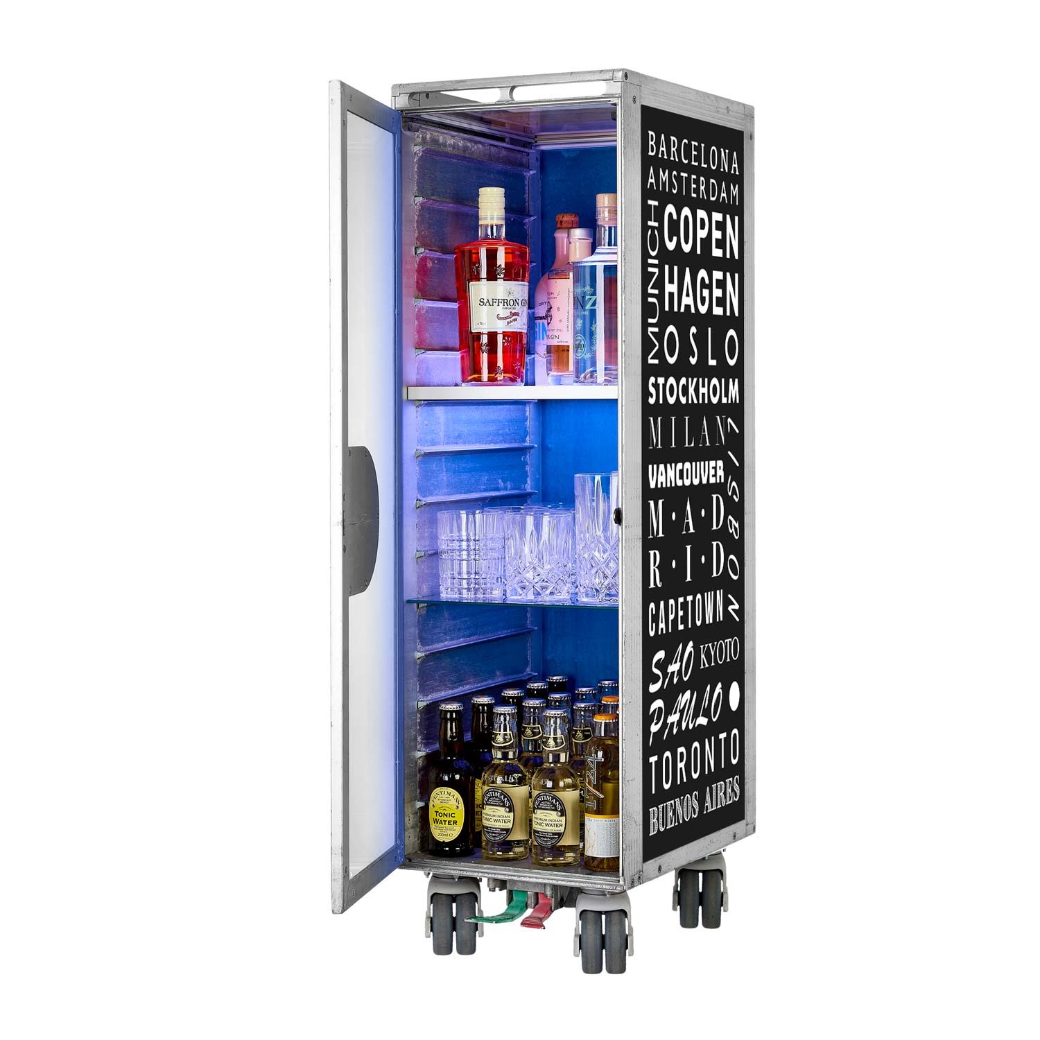 Bartrolley Cosmopolitan Schwarz inkl. LED-Leuchtfachboden, Barbrett & Fachboden aus Glas
