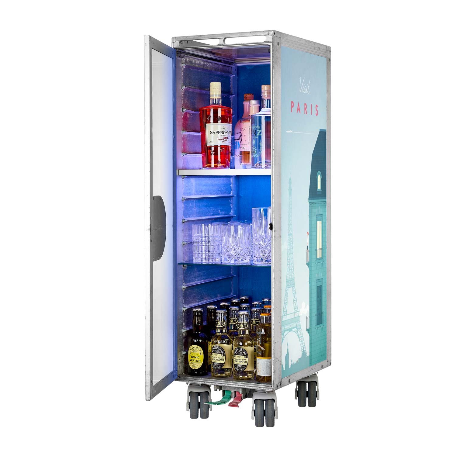 Airline Cart Bar Henry Rivers Edition Visit Paris incl. LED Shelf, small Cutting Board & Glass Shelf