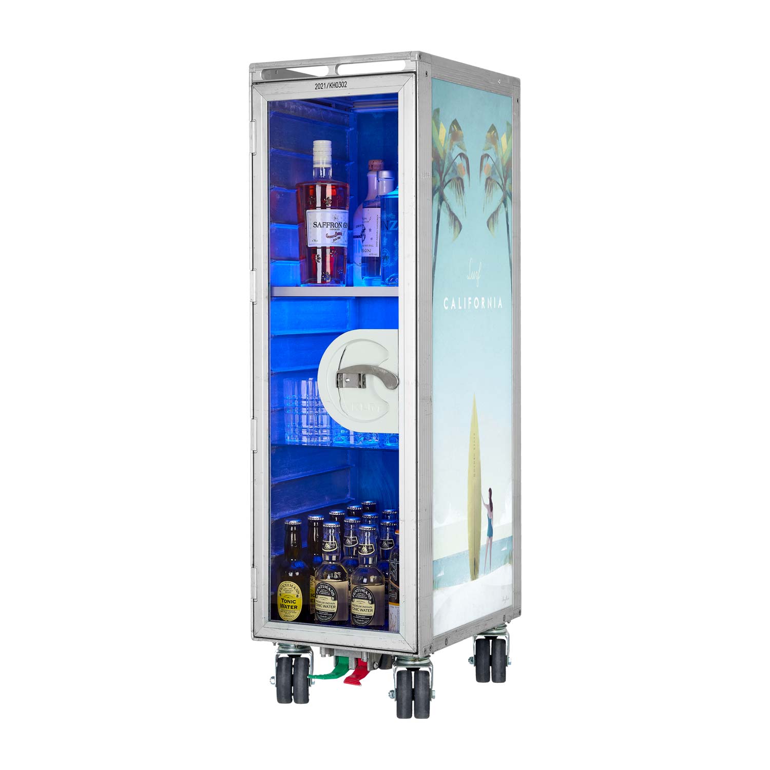 Bartrolley Henry Rivers Edition Surf California mit neuen Rollen inkl. LED-Leuchtfachboden, Barbrett & Fachboden aus Glas