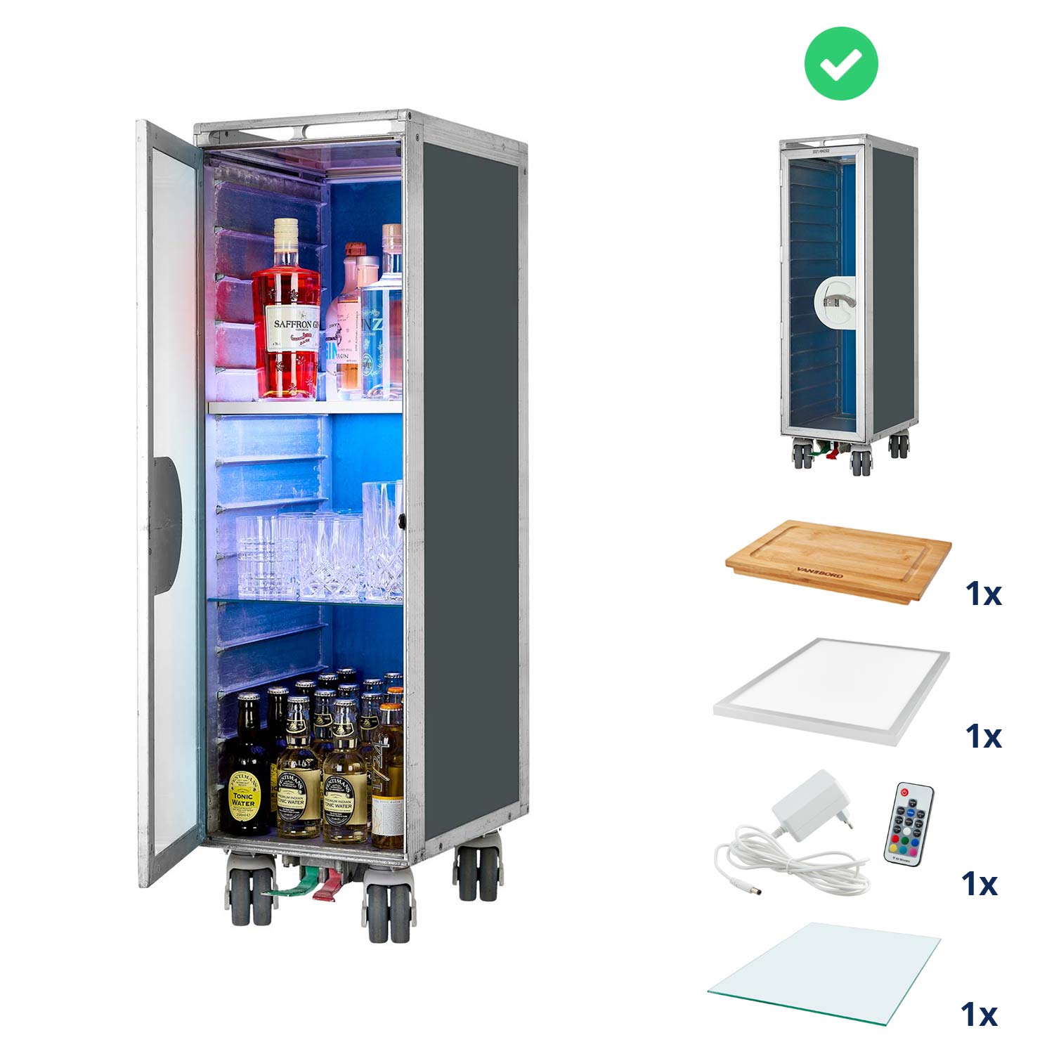Bartrolley Uni Anthrazit inkl. LED-Leuchtfachboden, Barbrett & Fachboden aus Glas