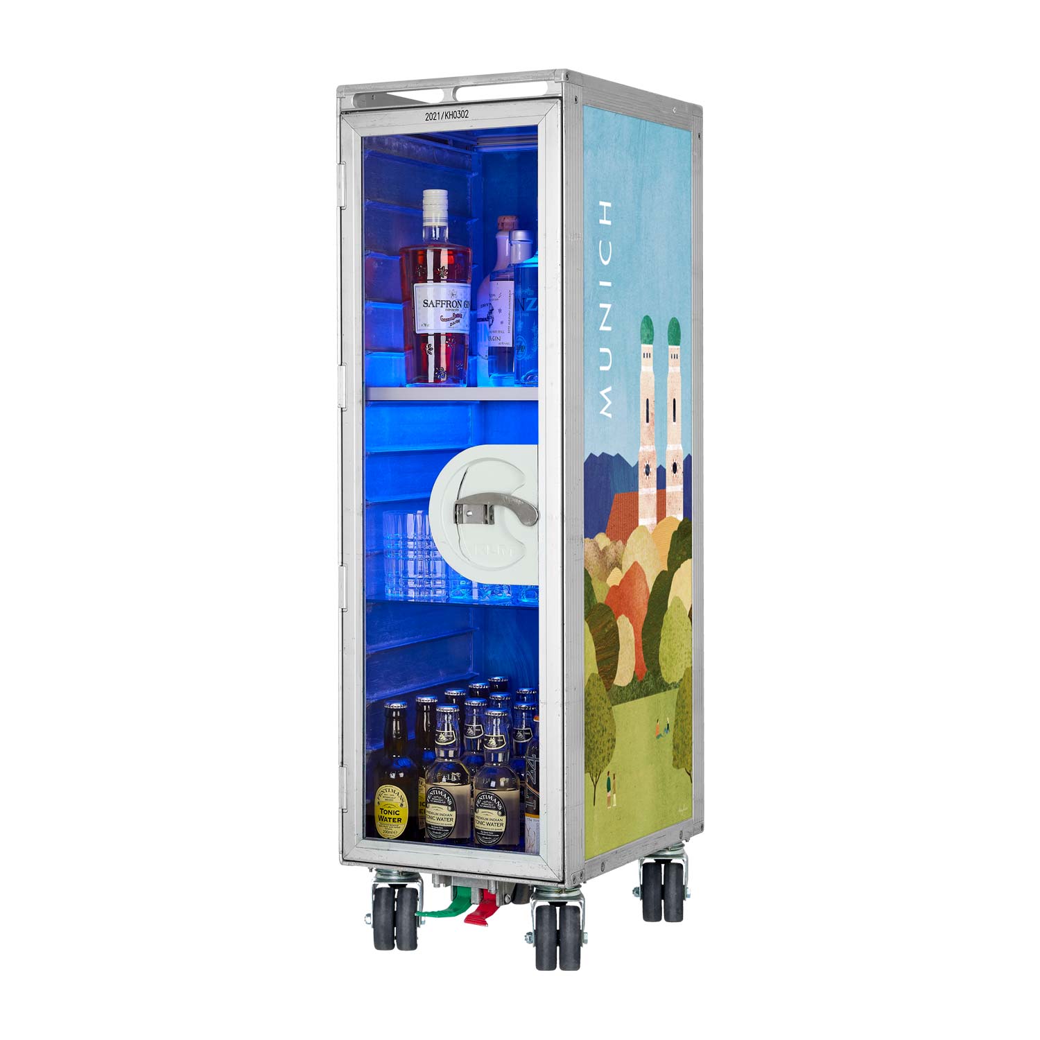 Bartrolley Henry Rivers Edition Visit Munich mit neuen Rollen inkl. LED-Leuchtfachboden, Barbrett & Fachboden aus Glas