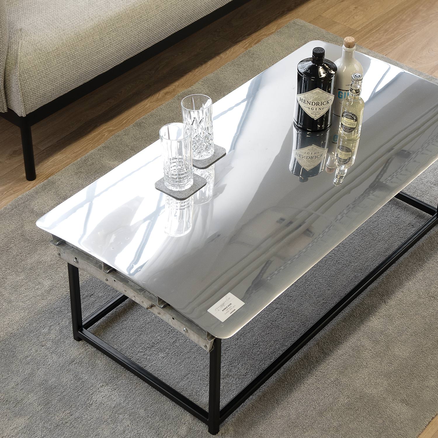 Coffee Table from Aircraft Parts, High-Gloss Polished, Frame: Black, approx. 116 x 59 cm